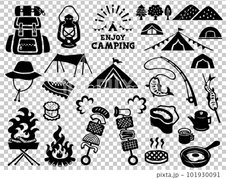 キャンプの切り絵風シルエットイラストセット キャンプの切り絵風シルエットイラストセット 101930091