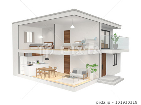 二階建て住宅の斜めから見た断面CGパース 101930319