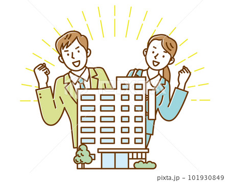 会社とガッツポーズするビジネスマンの若い男女イラスト 101930849