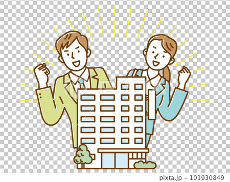 会社とガッツポーズするビジネスマンの若い男女イラスト 101930849