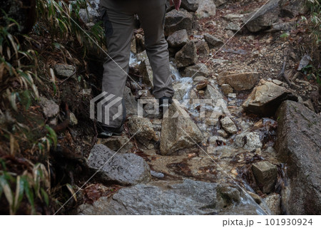 湧き水が流れる登山道を歩く 101930924