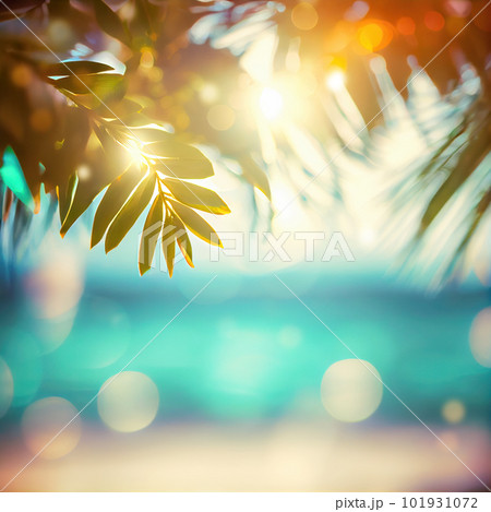 Blurred landscape at sunrise. Palm trees, sea and bokeh Blurred landscape at sunrise. Palm trees, sea and bokeh 101931072