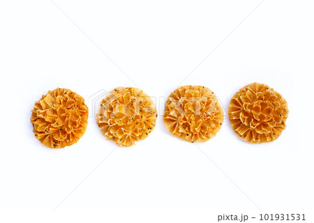 Crispy lotus blossom cookie in white background. Crispy lotus blossom cookie in white background. 101931531