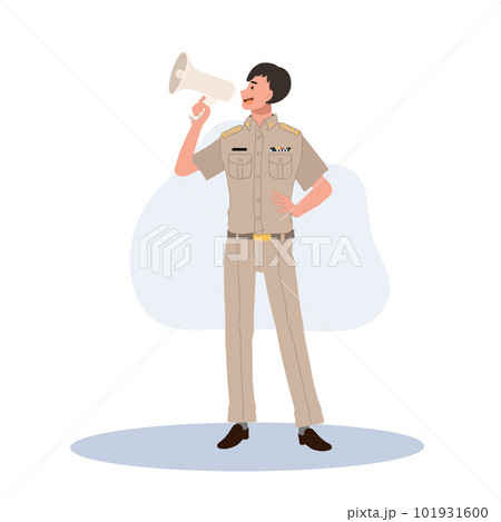 male Thai government officers in uniform. Thai man teacher using megaphone. Flat Vector illustration male Thai government officers in uniform. Thai man teacher using megaphone. Flat Vector illustration 101931600