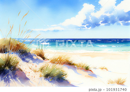 Beautiful sandy beach and blue sky. Watercolor illustration Beautiful sandy beach and blue sky. Watercolor illustration 101931740