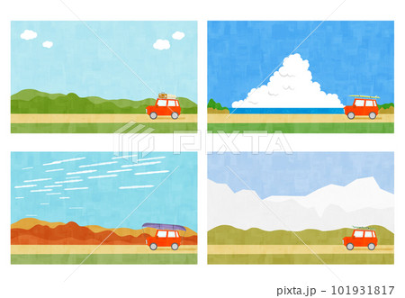 旅行に出かける荷物を積んだ車と風景の背景 横位置セット 旅行に出かける荷物を積んだ車と風景の背景 横位置セット 101931817