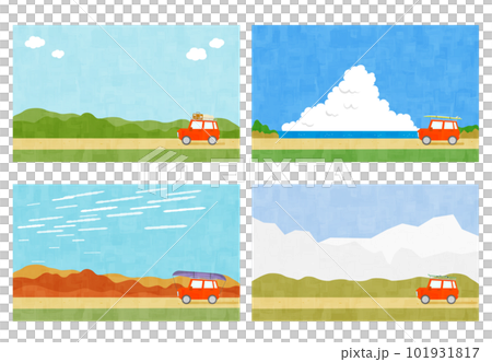 旅行に出かける荷物を積んだ車と風景の背景 横位置セット 旅行に出かける荷物を積んだ車と風景の背景 横位置セット 101931817