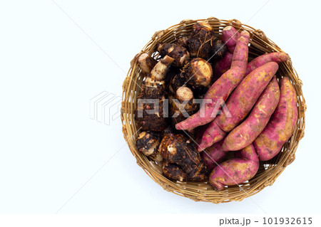 Sweet potato with taro in bamboo basket on white background. 101932615