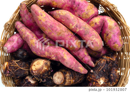 Sweet potato with taro in bamboo basket on white background. Sweet potato with taro in bamboo basket on white background. 101932807