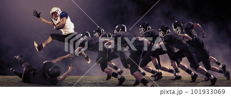 Creative collage. American football players in motion during competition playing, running with ball. Smoke effect 101933069