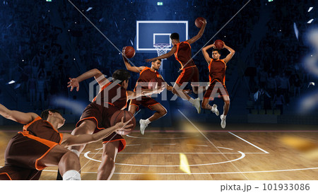 Creative collage. During competition. Professional male basketball player in motion during game, throwing ball into basket Creative collage. During competition. Professional male basketball player in motion during game, throwing ball into basket 101933086