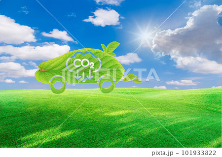 Electric Vehicle Concept in Green Environment Concept. Reduce CO2 emissions to limit climate change and global warming. Low greenhouse gas levels, decarbonize, net zero carbon dioxide footprint. 101933822