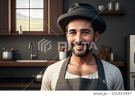 Smiling man chef cook with a mustache and beard in white apron and dark hat standing at the kitchen Smiling man chef cook with a mustache and beard in white apron and dark hat standing at the kitchen 101933947