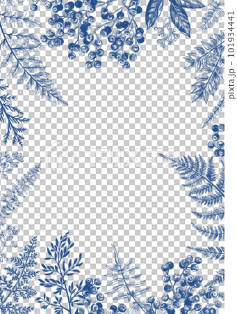 Vintage card with fern leaves and berries. Blue. Wedding invitation. Engraving style. Botanical illustration. Vintage card with fern leaves and berries. Blue. Wedding invitation. Engraving style. Botanical illustration. 101934441