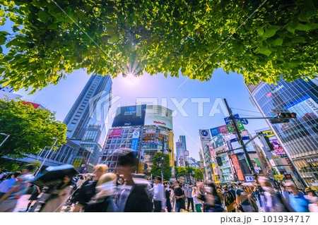 日本の東京都市景観 夏日。新緑に映える渋谷駅前。東京都心、今年一番の暑さ=4月20日 日本の東京都市景観 夏日。新緑に映える渋谷駅前。東京都心、今年一番の暑さ=4月20日 101934717