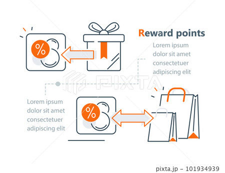 Reward points, earn gift, loyalty concept, incentive program, redeem gift, present box, collect bonus, shopping bags 101934939