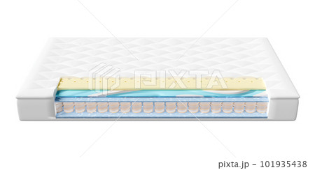 3d layered sheet material mattress with air fabric, pocket springs, natural latex, memory foam isolated. 3d render illustration 3d layered sheet material mattress with air fabric, pocket springs, natural latex, memory foam isolated. 3d render illustration 101935438