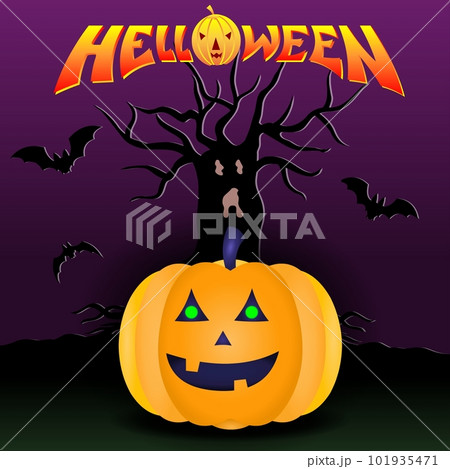 Halloween. Happy Halloween Fantasy Illustration with Halloween pumpkin, trees, moon 101935471