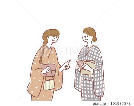 携帯を持つ着物を着た若い二人の女性（白背景） 101935578