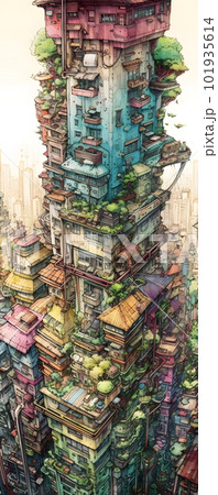 絵本に出てきそうなごちゃごちゃした高層ビル「AI生成画像」 101935614