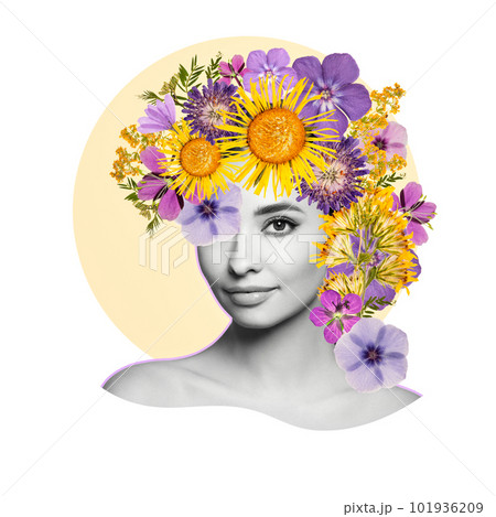 Abstract art collage of a young beautiful woman with flowers on her head 101936209