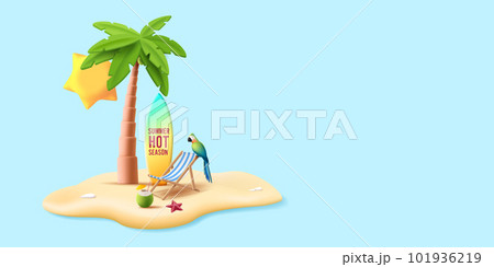 Tropical island 3d composition with palm tree, beach chair and parron with starfish 101936219