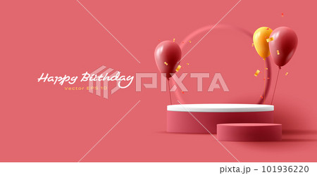 Happy Birthday greeting banner with 3d illustration of gift podium and air balloons with confetti, render modern composition 101936220
