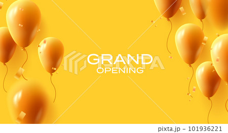 Grand opening banner with 3d yellow ballons and confetti framing the composition with grand opening text 101936221