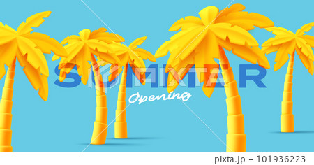 3D modern poster with render yellow palm trees on boue backdrop with text, trendy modern graphics 101936223
