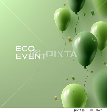 Ecology event flyer or invitation with green background and festive 3d realistic green balloons 101936243