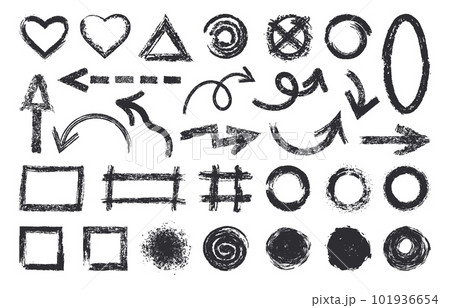 Grunge chalk symbols set. Abstract texture chalk brushes, rough hand drawn shapes. Charcoal brush flat vector symbols illustration collection 101936654