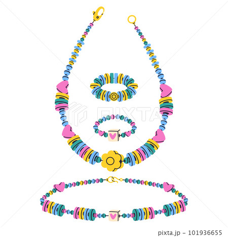 Handcrafted beaded jewelry. Plastic beads friendship bracelet, rings and necklace. Cute old school accessories flat vector illustration set Handcrafted beaded jewelry. Plastic beads friendship bracelet, rings and necklace. Cute old school accessories flat vector illustration set 101936655