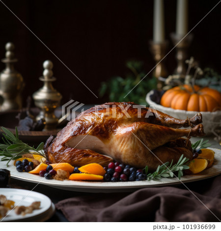 Thanksgiving dinner with turkey. Illustration AI Generative Thanksgiving dinner with turkey. Illustration AI Generative 101936699