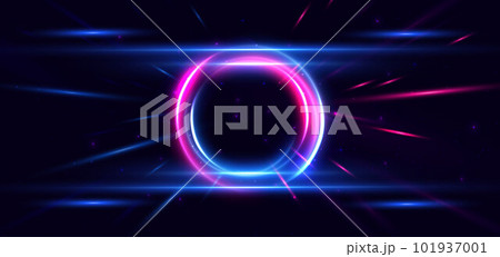 Abstract technology futuristic circles neon glowing blue and pink light lines with speed motion blur effect on dark blue background. Abstract technology futuristic circles neon glowing blue and pink light lines with speed motion blur effect on dark blue background. 101937001