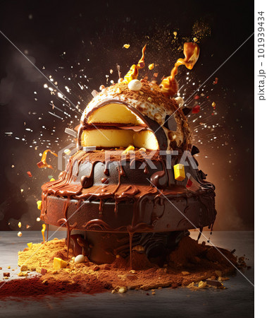 AI generated Chocolate cake with nuts and caramel on a black background AI generated Chocolate cake with nuts and caramel on a black background 101939434