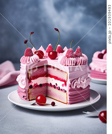 AI generated cake with pink cream and lace on a vintage tray AI generated cake with pink cream and lace on a vintage tray 101939493