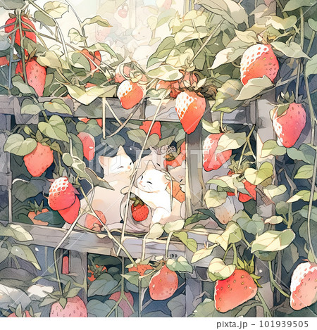 AI generated Watercolor Illustration of a Cute Red Cat and Strawberry Plant AI generated Watercolor Illustration of a Cute Red Cat and Strawberry Plant 101939505