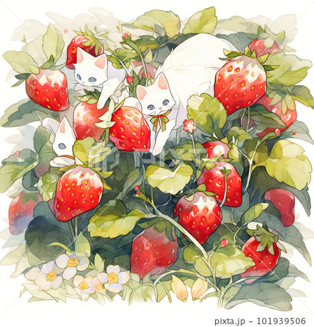 AI generated Watercolor Illustration of a Cute Red Cat and Strawberry Plant AI generated Watercolor Illustration of a Cute Red Cat and Strawberry Plant 101939506