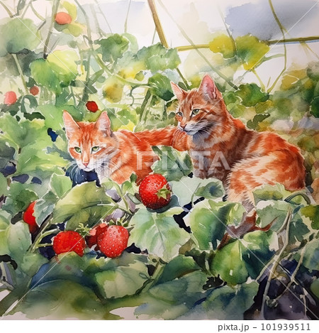 AI generated Watercolor Illustration of a Cute Red Cat and Strawberry Plant AI generated Watercolor Illustration of a Cute Red Cat and Strawberry Plant 101939511