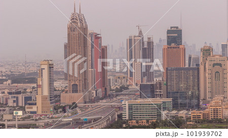 Aerial view of Sheikh Zayed Road in Dubai Internet City area timelapse Aerial view of Sheikh Zayed Road in Dubai Internet City area timelapse 101939702