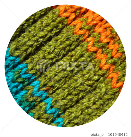 Handmade knitted fabric turquoise orange and green wool background texture Handmade knitted fabric turquoise orange and green wool background texture 101940412