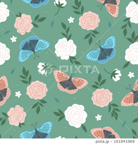 Seamless pattern with butterflies and roses. Vector graphics. Seamless pattern with butterflies and roses. Vector graphics. 101941069