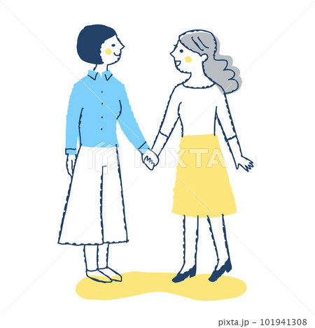 見つめ合って手を繋ぐ若い女性2人 101941308