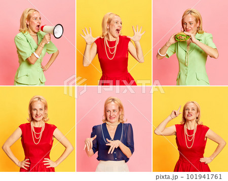 Collage made of closeup portraits of charming blond woman in retro clothes doing different activities over pink and yellow backgrounds 101941761