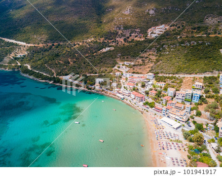 aerial view of vasiliki beach windsurfing Lefkada island Greece aerial view of vasiliki beach windsurfing Lefkada island Greece 101941917