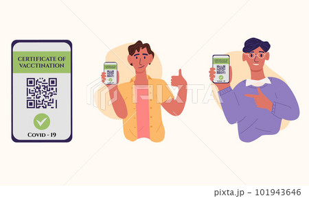 Certificate of vaccination vector flat cartoon illustration, with young two man. They showing smartphone with vaccine QR code in mobile app or screen. Covid-19 coronavirus vaccine certificate 101943646