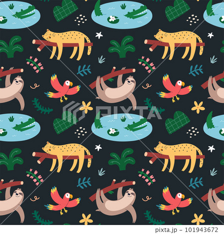 Jungle animals pattern, seamless ornament with cute leopard, sleeping wild jaguar, flying macaw parrot and crocodile Jungle animals pattern, seamless ornament with cute leopard, sleeping wild jaguar, flying macaw parrot and crocodile 101943672