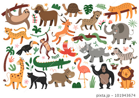 Jungle animals bungle, tropical leopard, felines, dancing giraffe and zebra, sleeping jaguar, set of vector illustrations, cute characters for children 101943674