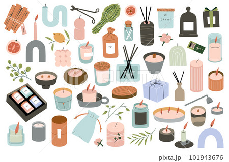 Various scented candles, modern burning perfumed candles, palo santo and sage, home aromatherapy objects, vector illustrations 101943676