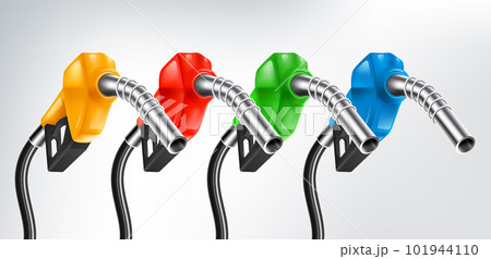 Set of colors Gasoline fuel pump nozzle isolated Such as yellow, red, green, blue Gasoline nozzle, oil industry and refuel service concept, vector illustration 101944110